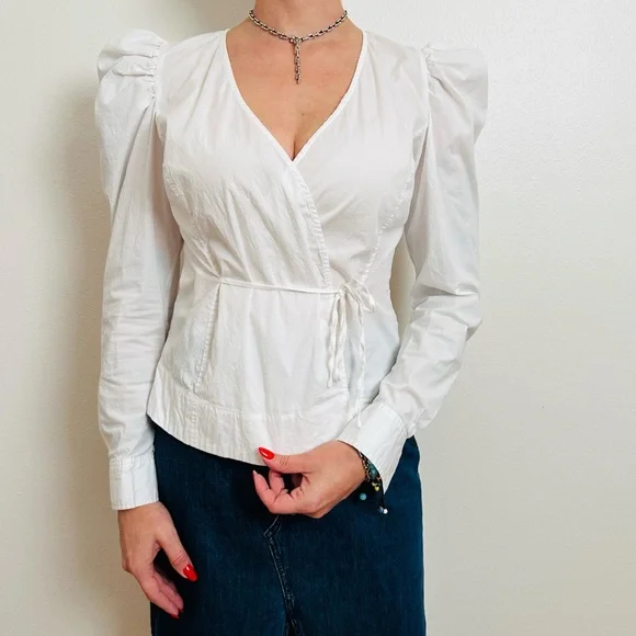Jason Wu White Long Puff Sleeve Wrap Blouse Elegant Poplin Tailored Top - Picture 2 of 9